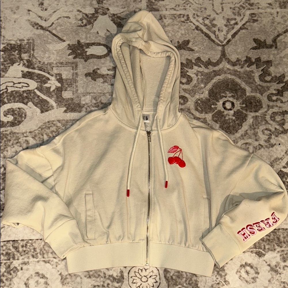 Cream Cherry Cropped Hoodie